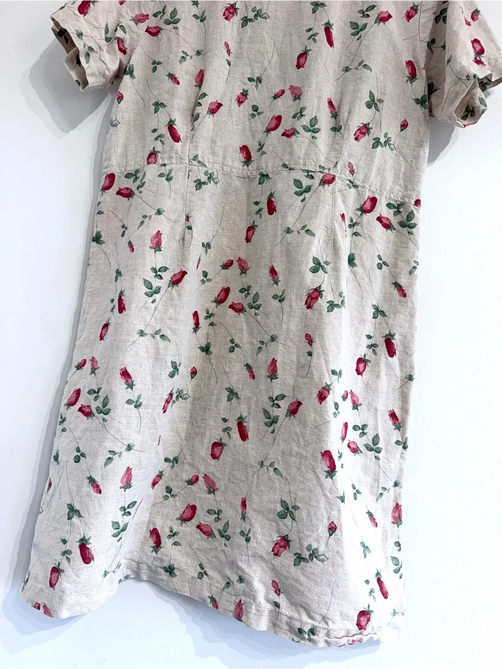 Sunbelt Vintage Beige Floral Shirt Dress with Red Rose Print linen